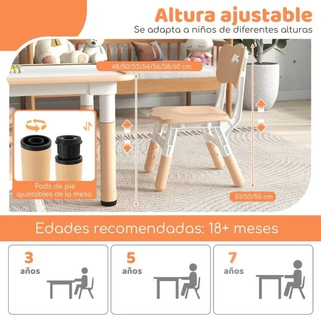 Conjunto de mesa para crianças e 4 cadeiras mesa regulável em altura com superfície de graffiti multifunções para arte e estudo Natural