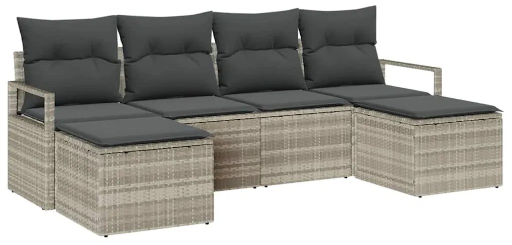 Conjunto de sofá de jardim com 6 peças, almofadas cinza claro em ratta