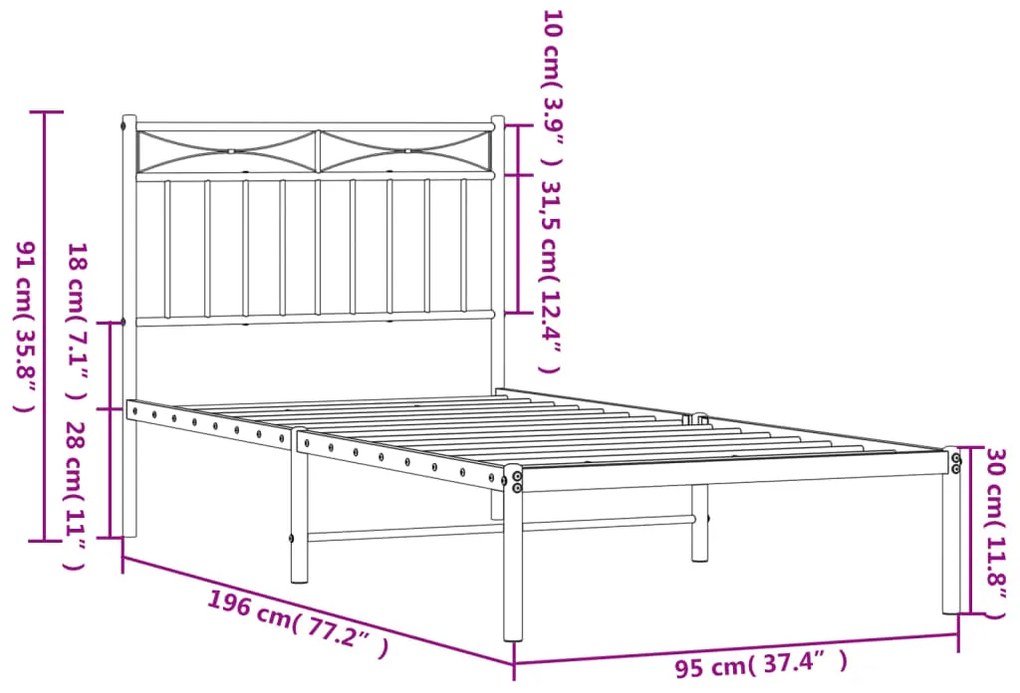 Estrutura de cama com cabeceira 90x190 cm metal branco