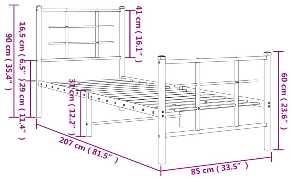 Estrutura de cama com cabeceira e pés 80x200 cm metal preto