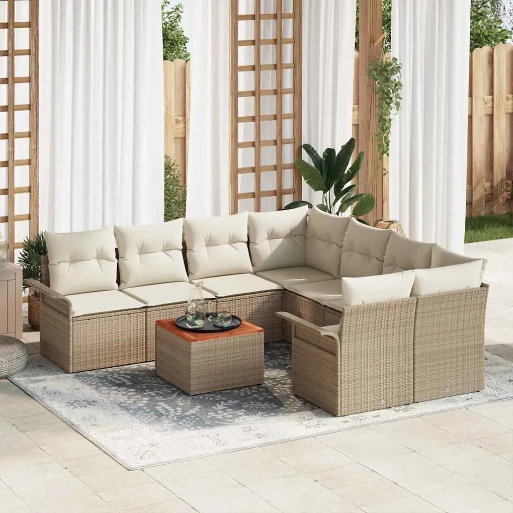 Conjunto de Sofá de Jardim 9 Peças com Almofadas Beiges de Poliratã e