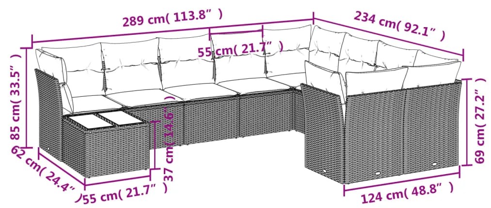 10 pcs conjunto sofás de jardim c/ almofadões vime PE preto