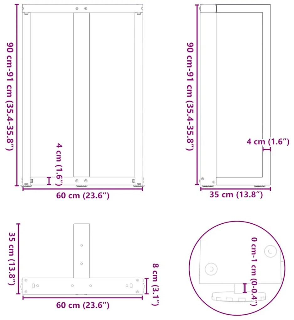 Pés para mesa de bar em forma de T, 2 peças, antracite, 60x35x(90-91)