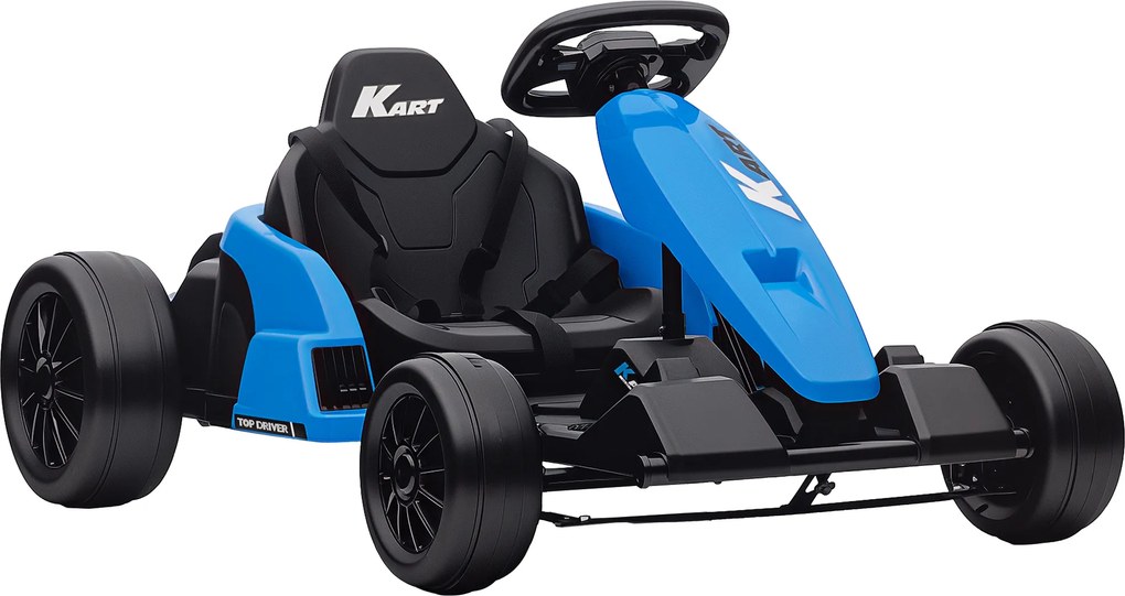 AIYAPLAY Go-kart elétrico 24 V, modo drift, assento ajustável, cinto de 5 pontos, função de música, buzina, 6-12 anos Azul | Aosom Portugal