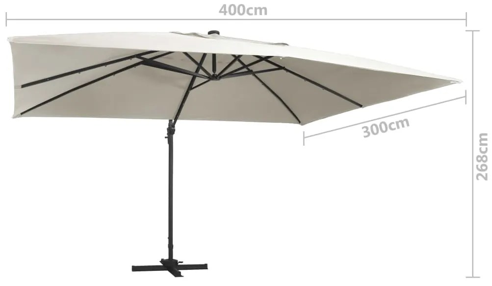 Guarda-sol cantilever luzes LED/poste alumínio 400x300 cm areia