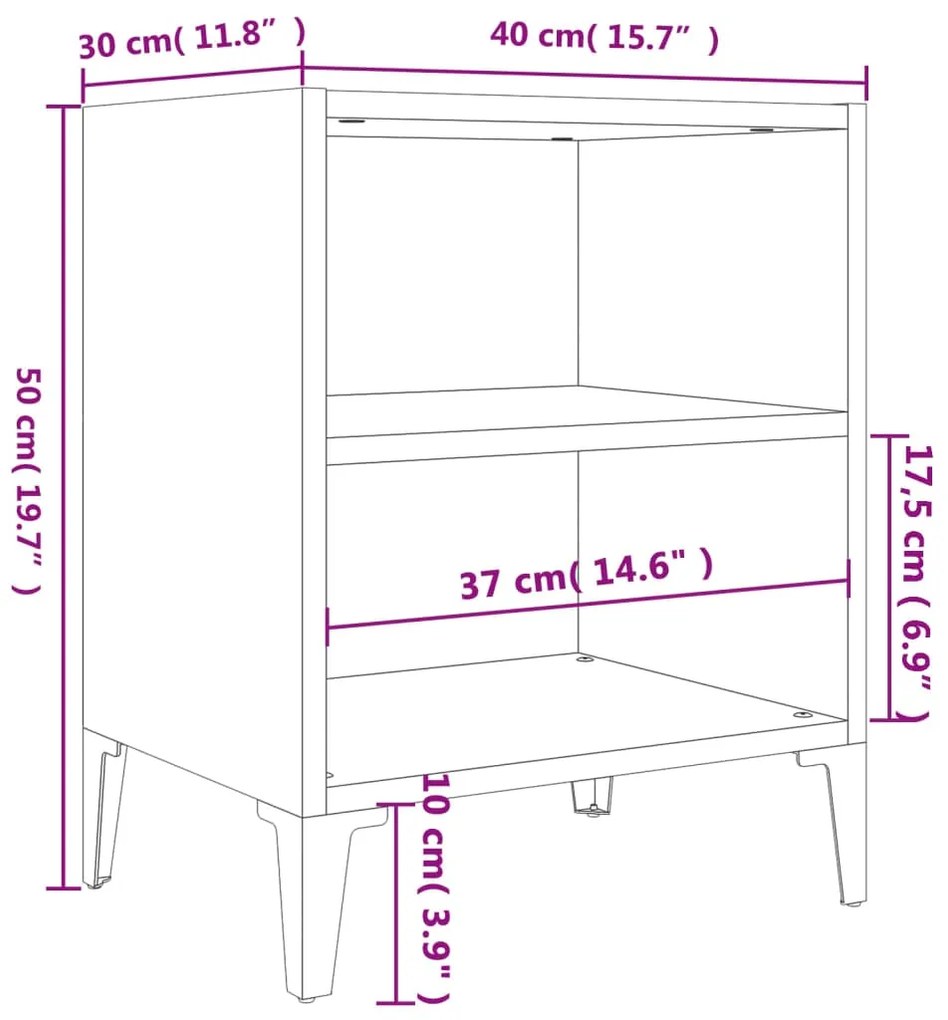 Mesas cabeceiras pernas metal 2pcs 40x30x50cm carvalho castanho