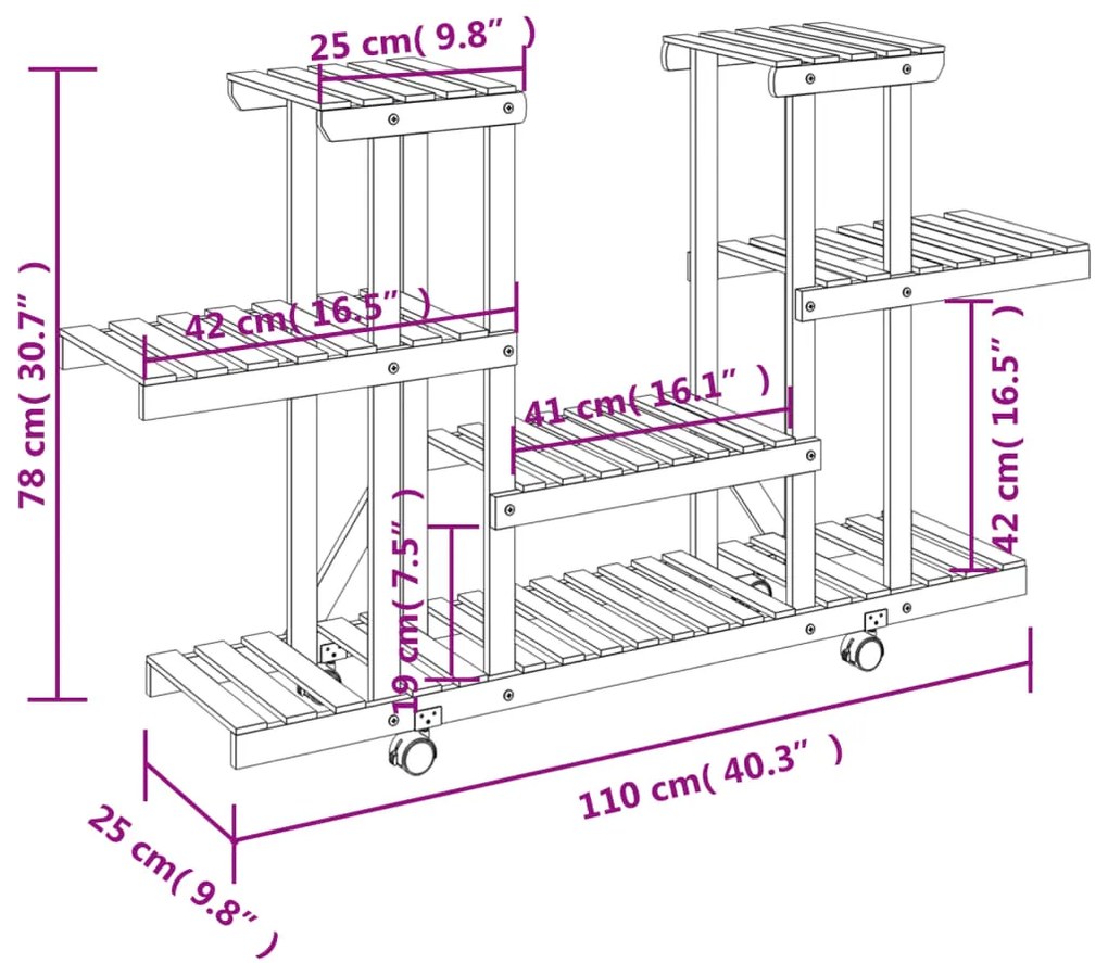 Suporte de plantas com rodas 110x25x78 cm abeto maciço