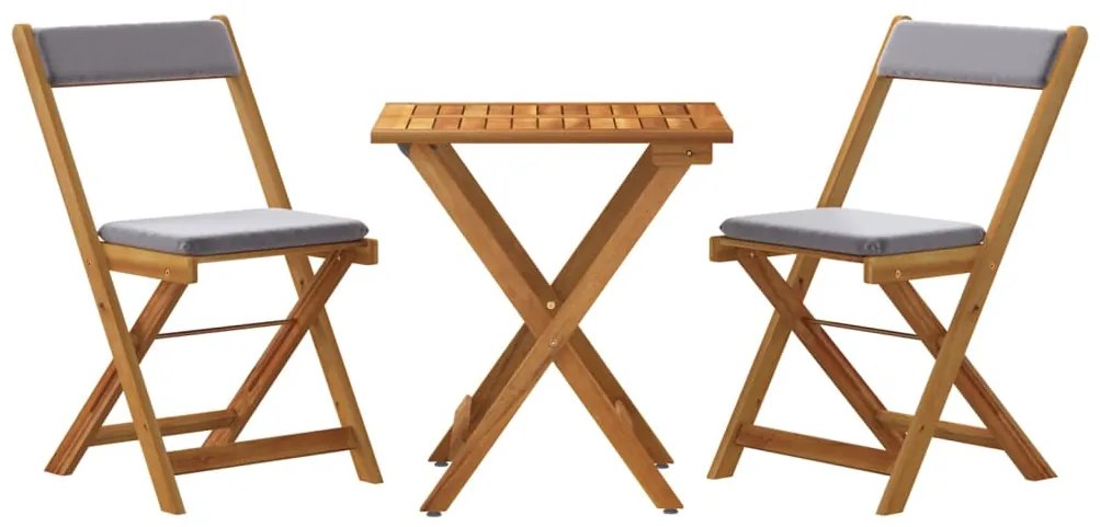 3 pcs conjunto bistrô dobrável c/ almofadões acácia maciça