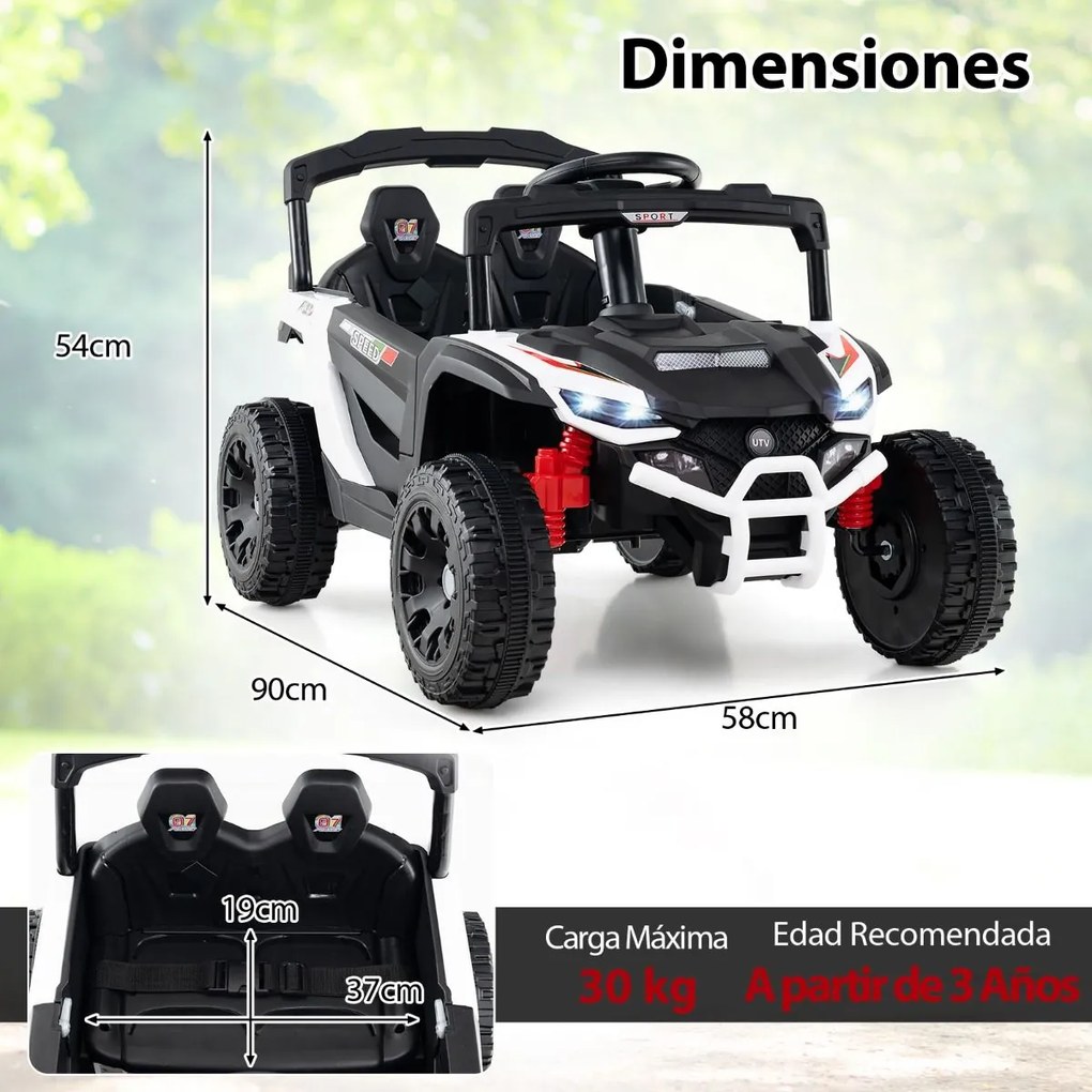Carro elétrico infantil de 12 V, com comando à distância, 3 velocidades, luzes LED, música, buzina, veículo a bateria para crianças, Branco