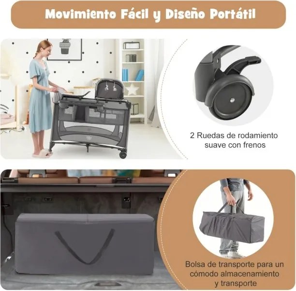 Berço e Centro de atividades bebés portátil 5 em 1 com berço de proteção, trocador de fraldas, colchão removível, 2 rodas, 110 x 78 x 78 cm, cinza