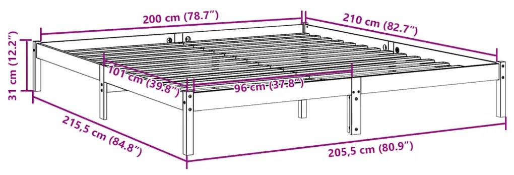 Cama extra longa sem colchão 200x210 cm pinho maciço branco