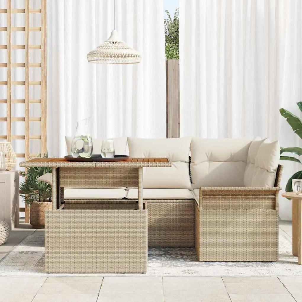 Conjunto de Jantar de Jardim de 5 Peças com Almofadas Beiges em Rattan