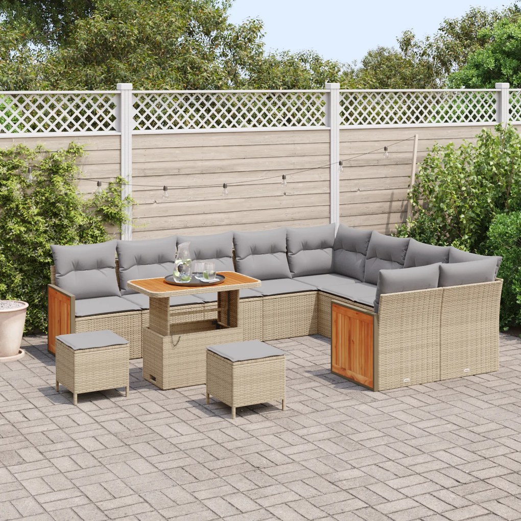 Conjunto de Sofá de Jardim vidaXL de 12 Peças com Almofadas Bege Rattan de Acácia