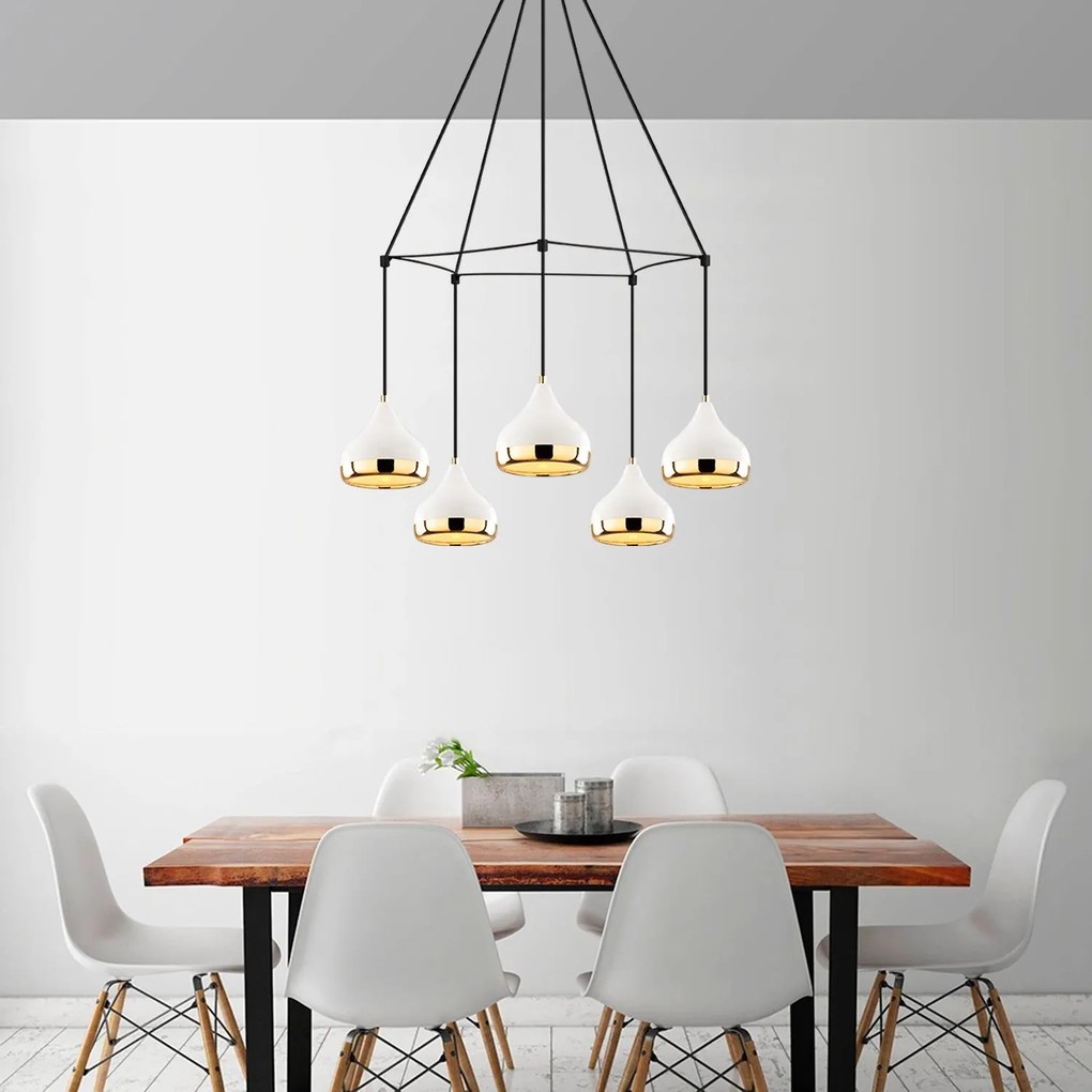 Candeeiro de Teto Yildo – Branco, Preto e Dourado – Diâmetro 68 cm, Al