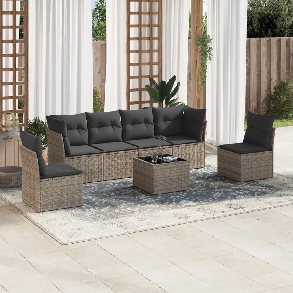 7 pcs conjunto sofás p/ jardim c/ almofadões vime PE cinzento