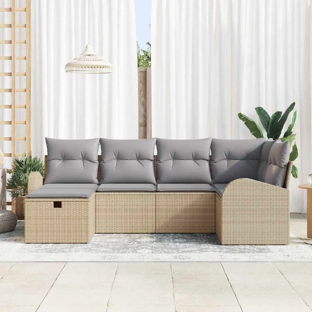 Conjunto de Sofá de Jardim de 6 Peças com Almofadas Bege Polirattan