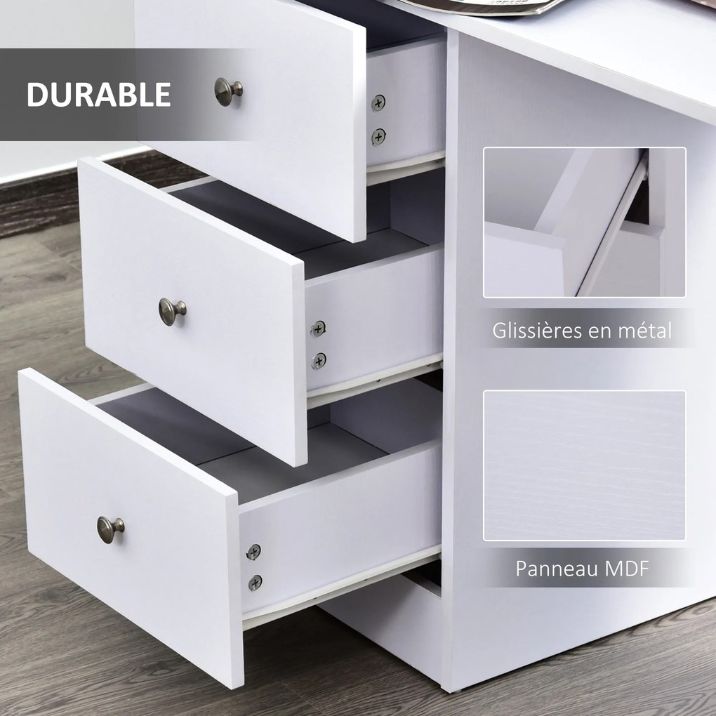 Secretária multimédia com várias opções de arrumação: 3 gavetas e 2 prateleiras, 120 x 49 x 72 cm, branca