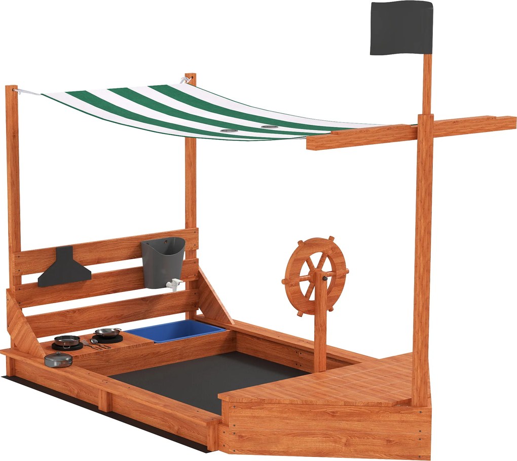 Outsunny Caixa de Areia com Toldo Navio Pirata, incl. Conjunto de Cozinha Infantil, Madeira maciça, 180 x 103 x 144,5 cm, Verde | Aosom Portugal