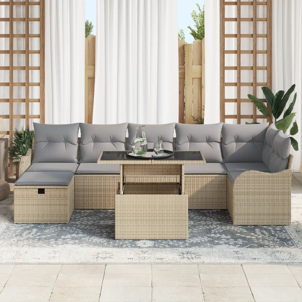 Conjunto de Sofás de Jardim vidaXL 8 Peças com Almofadas Bege Rattan P