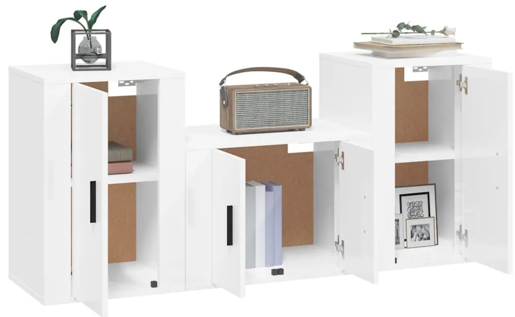 3 pcs conjunto móveis de TV madeira processada branco brilhante