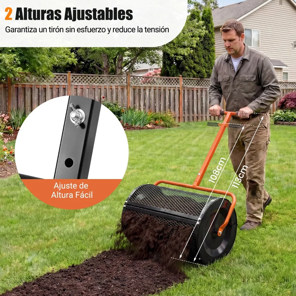 Espalhador de composto para Jardim de 31 cm com rolo para turfa e cabo em T ajustável em altura, com cesto de malha metálica para jardim ou relvado, L
