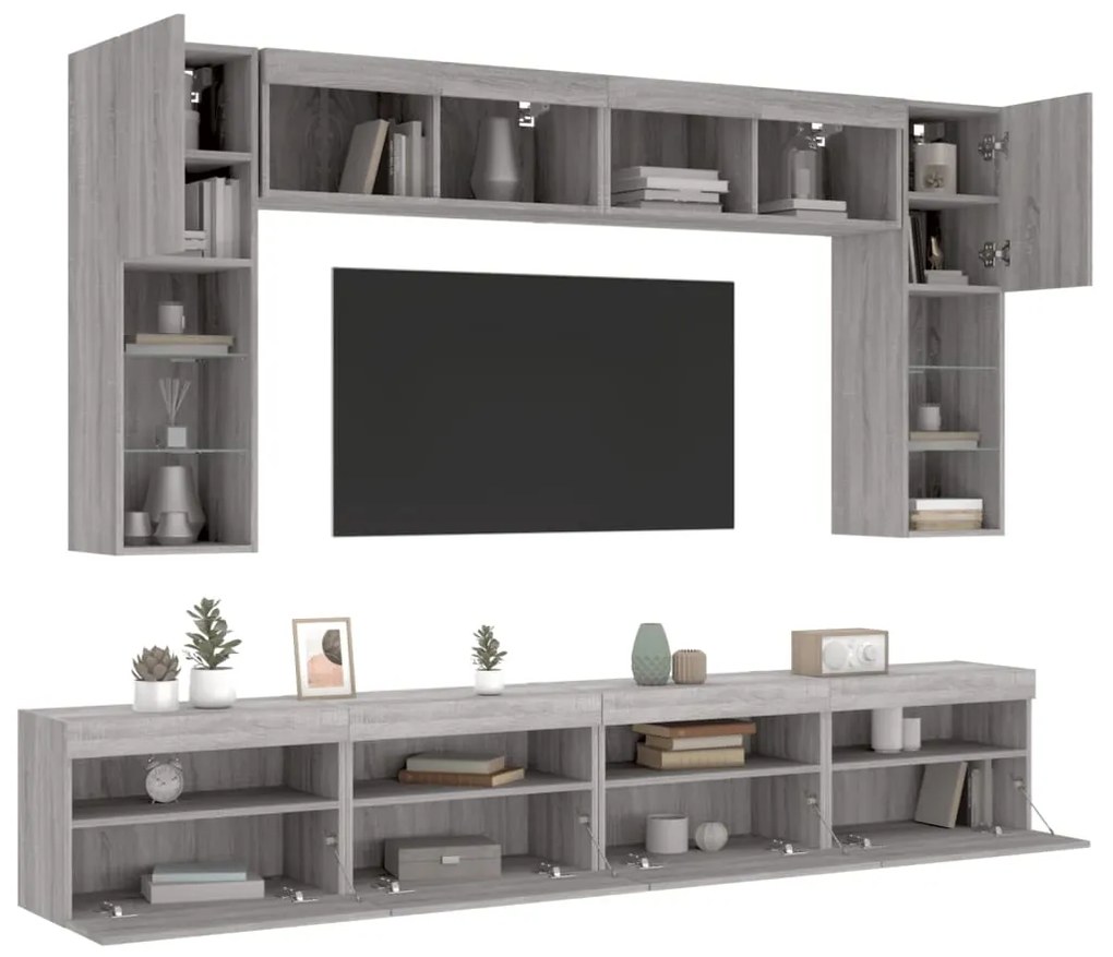 vidaXL 8 pcs conj. móveis de parede p/ TV c/ luzes LED cinzento sonoma