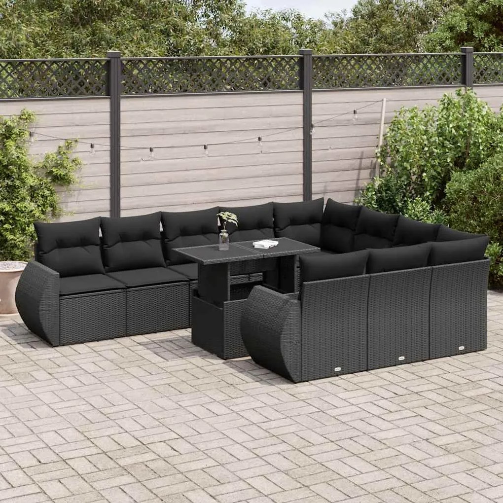 11 pcs conjunto sofás de jardim c/ almofadões vime PE preto