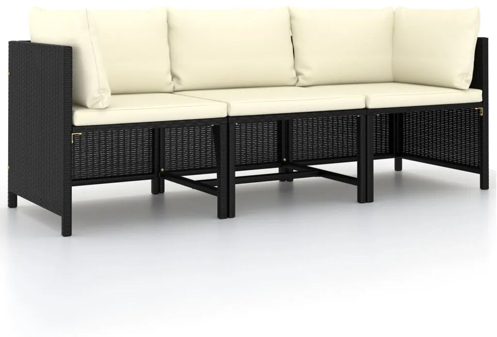 vidaXL Sofá de jardim 3 lugares com almofadões vime PE preto