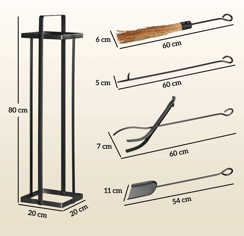 Conjunto de 5 peças para lareira, acessórios para lareira, vassoura, escova, pá, pinça, atiçador e suporte em metal preto
