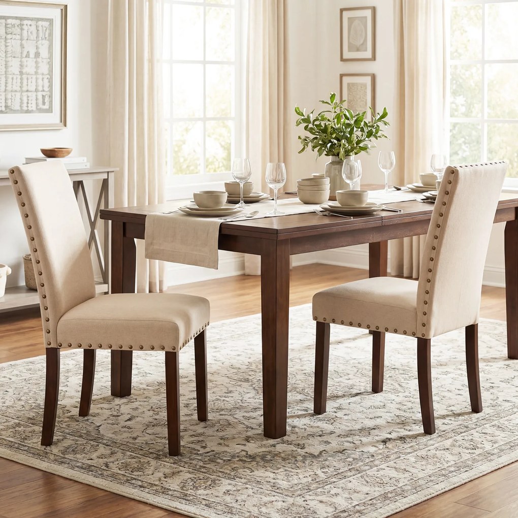 Conjunto de 2 Cadeiras de Jantar Estofadas, 44,5 x 67 x 96 cm, Assento Acolchoado, Bege