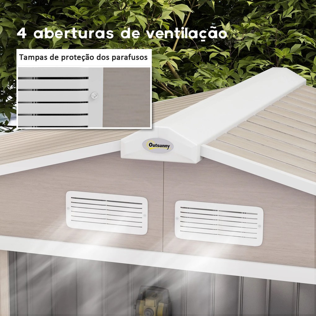 Abrigo de Jardim 213x130x185 cm Abrigo de Jardim Metálico de Exterior com 2 Portas Deslizantes e 4 Janelas Madeira