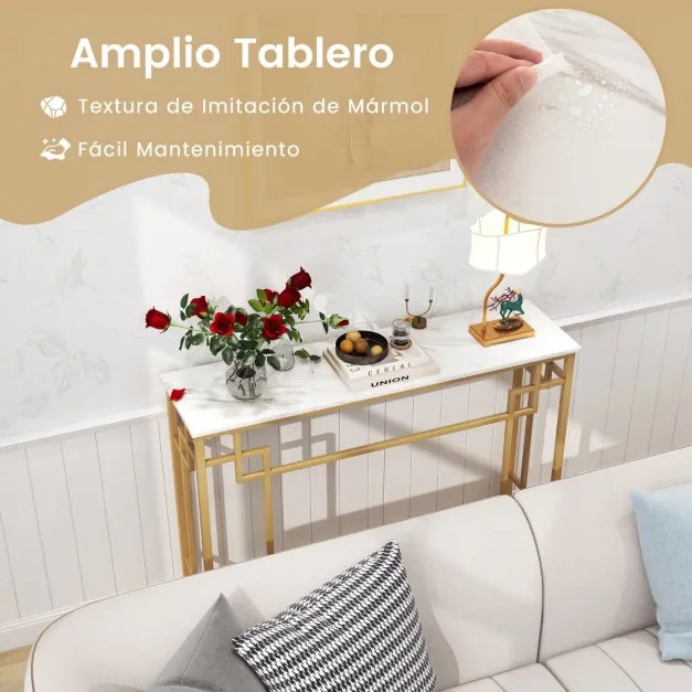 Mesa consola estreita com mesa lateral superior de mármore com dispositivo anti-tombamento para entrada da sala 110 x 30 x 81 cm branco e dourado