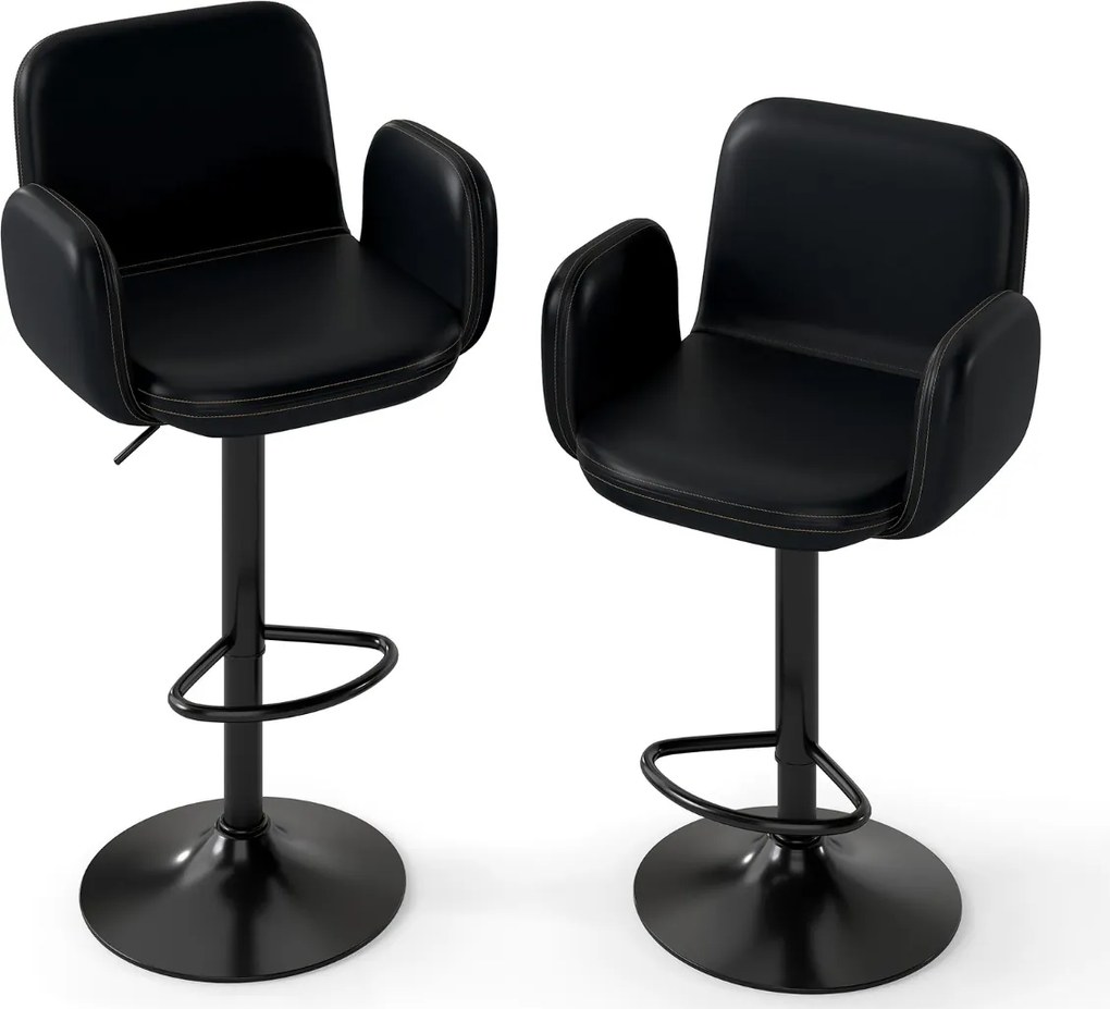 Conjunto de 2 bancos giratórios de bar com altura ajustável, assento acolchoado, apoios de braços e apoios para os pés para sala de jantar, cozinha ou