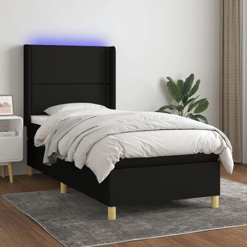 Cama box spring c/ colchão e LED 90x190 cm tecido preto