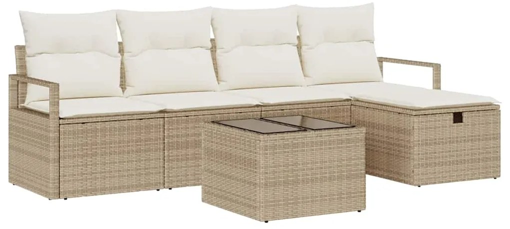 Conjunto Sofá de Jardim de 6 Peças com Almofadas Bege Rattan Poliéster