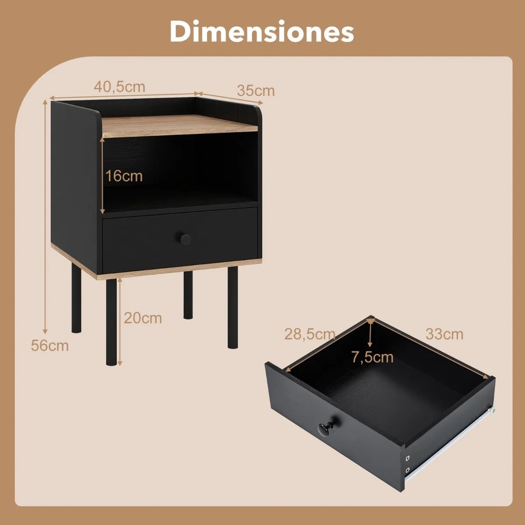 Mesa de cabeceira 40,5 x 35 x 56 cm com gaveta e prateleira aberta, pernas de metal, mesa auxiliar compacta para sala ou quarto, preta