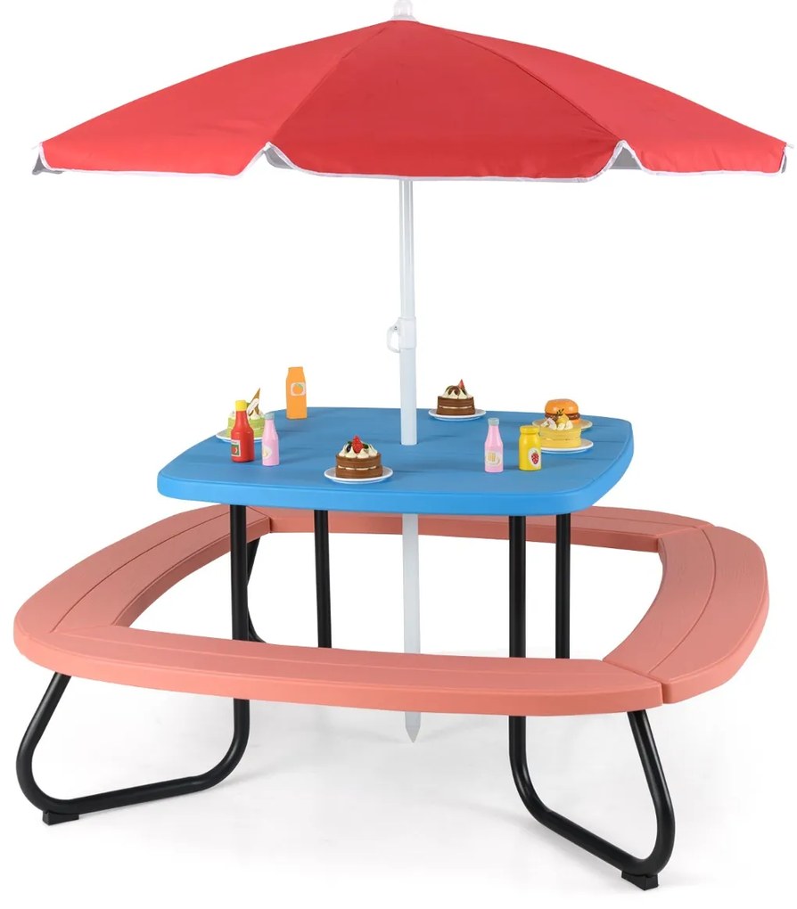 Mesa de atividades jardim crianças com guarda-sol ajustável e dobrável, 4 bancos incorporados até 8 crianças, 125 × 125 × 100-160 cm  azul