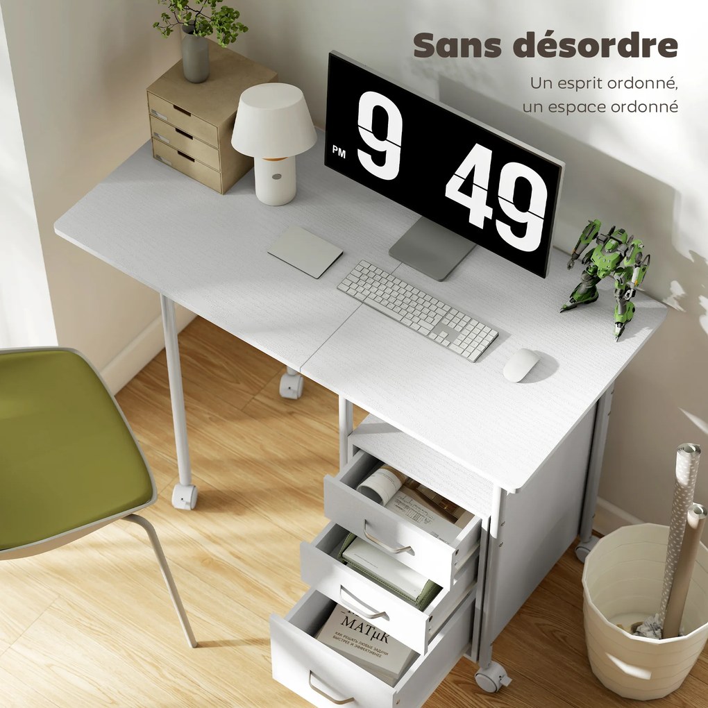 Secretária de computador dobrável com rodas 105 x 51 x 75,5 cm, secretária com espaço de arrumação, 3 gavetas, tampo extensível, branca