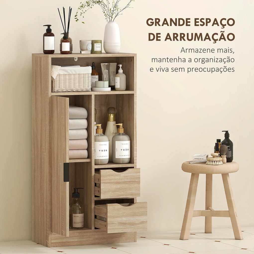 Móvel de Casa de Banho Estreito com 2 Gavetas Compartimento Aberto e Prateleiras Ajustáveis 50x25x100 cm Madeira