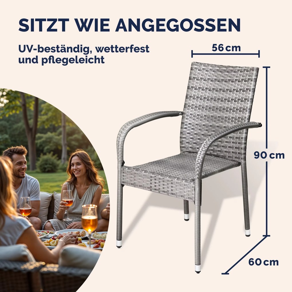 Conjunto de 4 Cadeiras jardim empilhável Comfort em Polyrattan cinzentas