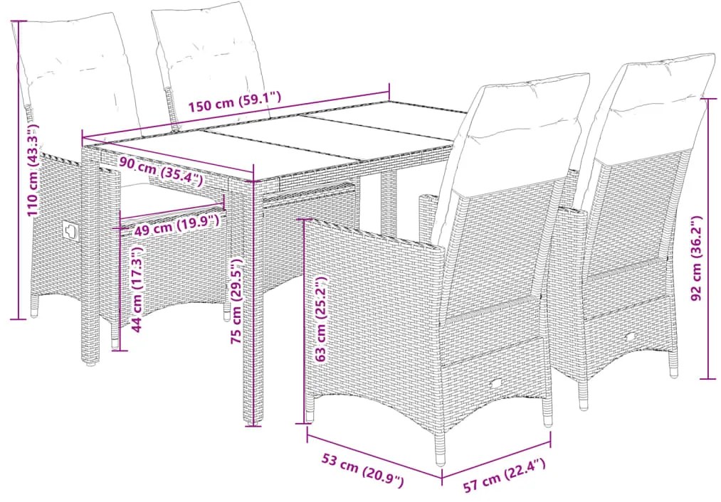 5 pcs conjunto jantar p/ jardim c/ almofadões vime PE castanho