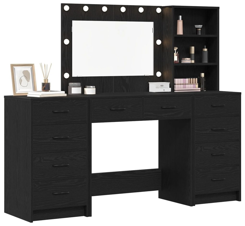 Conjunto de Mesa de Maquilhagem em 3 Peças com Espelho LED em Madeira