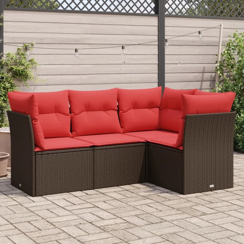 vidaXL 4 pcs conjunto sofás de jardim c/ almofadões vime PE castanho