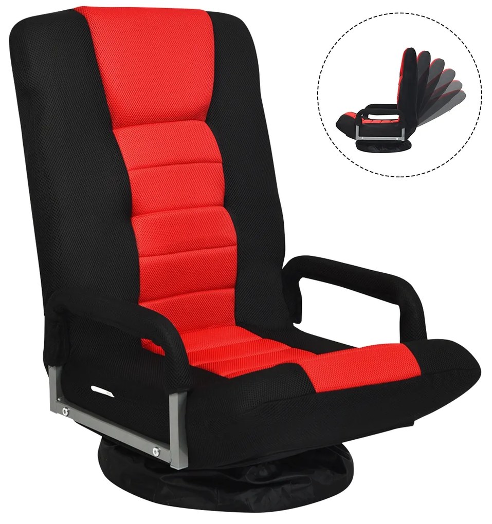 Cadeira de chão para jogos dobrável de 6 posições ajustável com base giratória de 360° para leitura e relaxamento 61-87 x 55 x 75 cm Vermelha