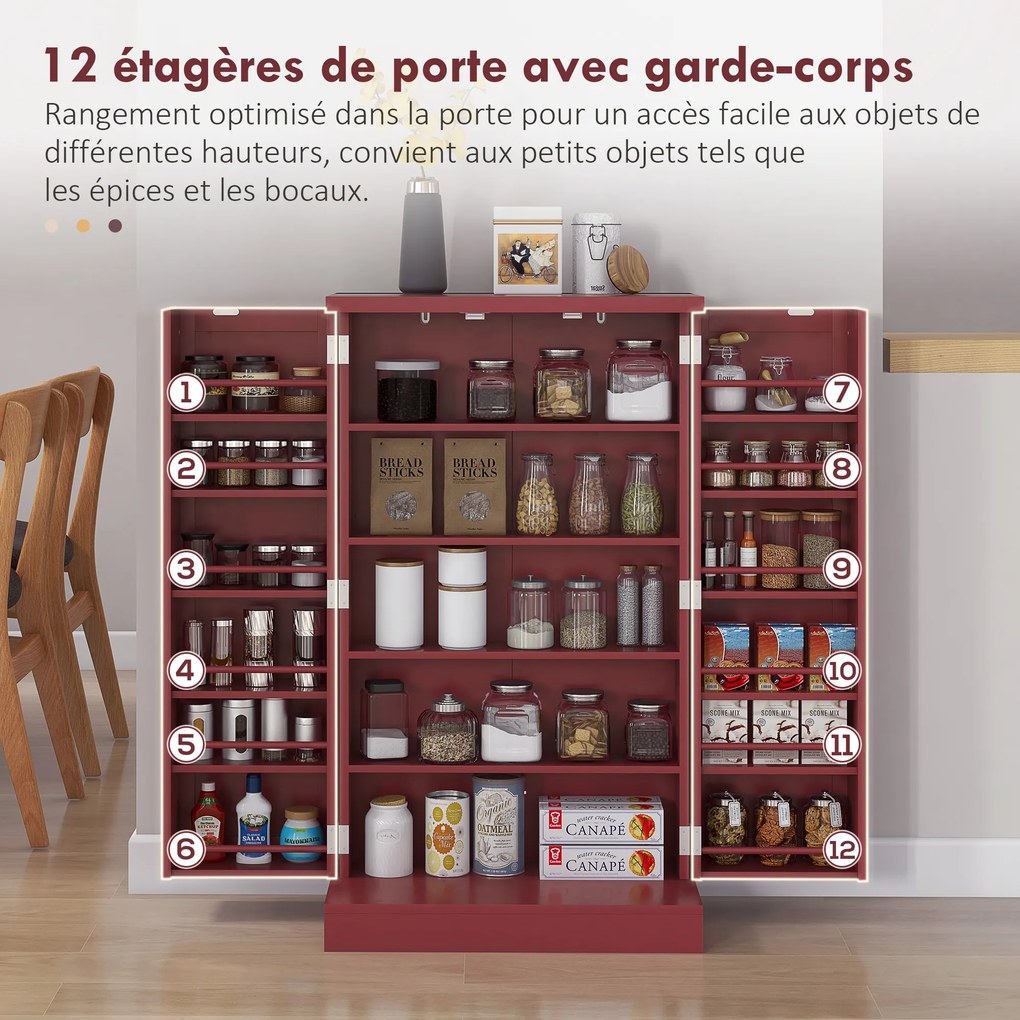 Armário de cozinha para despensa 60 x 30 x 104 cm com 2 portas, 5 prateleiras e 12 suportes para especiarias vermelho