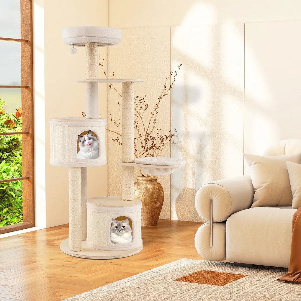 Arranhador para gatos 58 x 152 cm com postes de sisal e tapete 2 cavernas, Brinquedo suspenso Almofada lavável de pelúcia para interior Natural