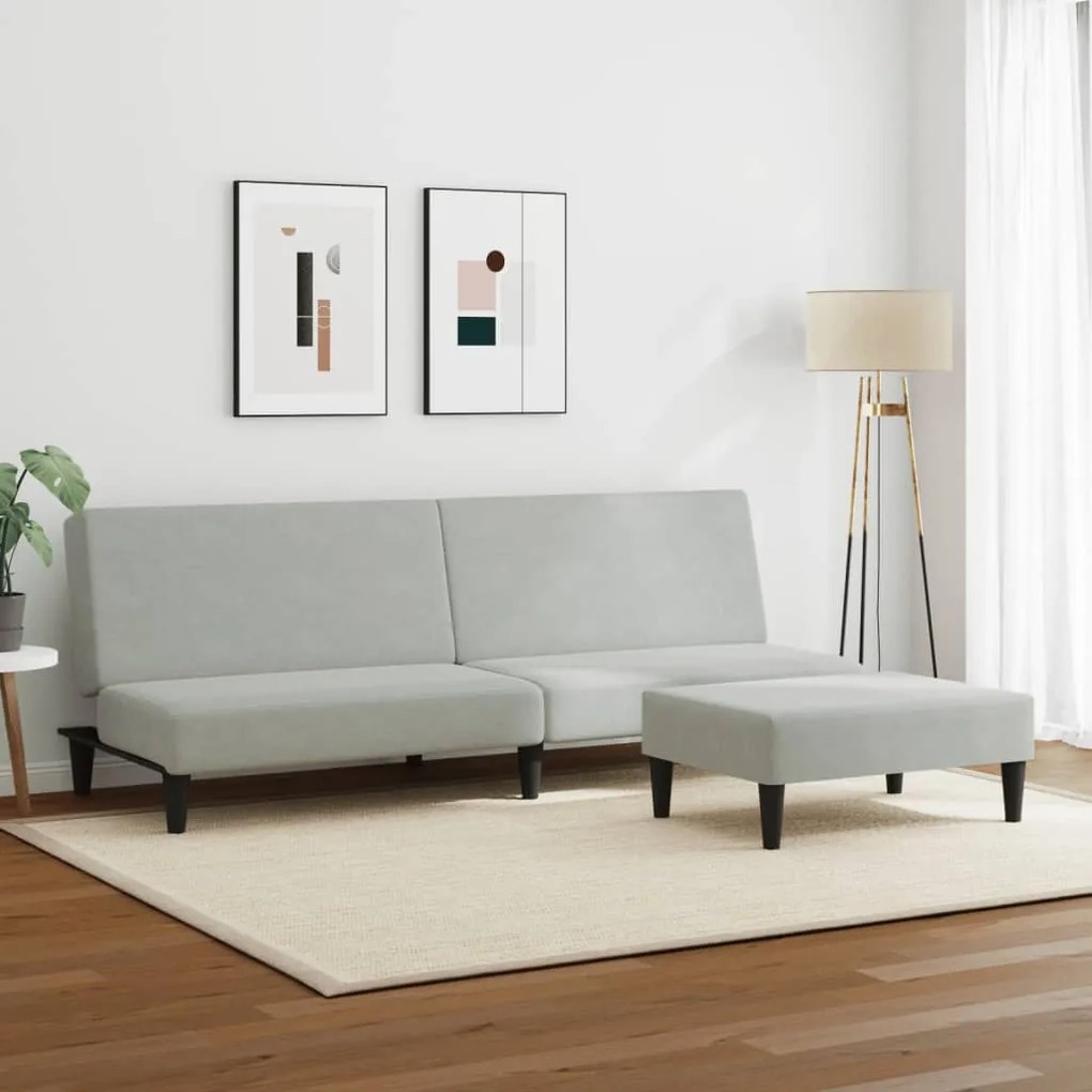Sofá-cama 2 lugares c/ apoio de pés veludo cinza-claro