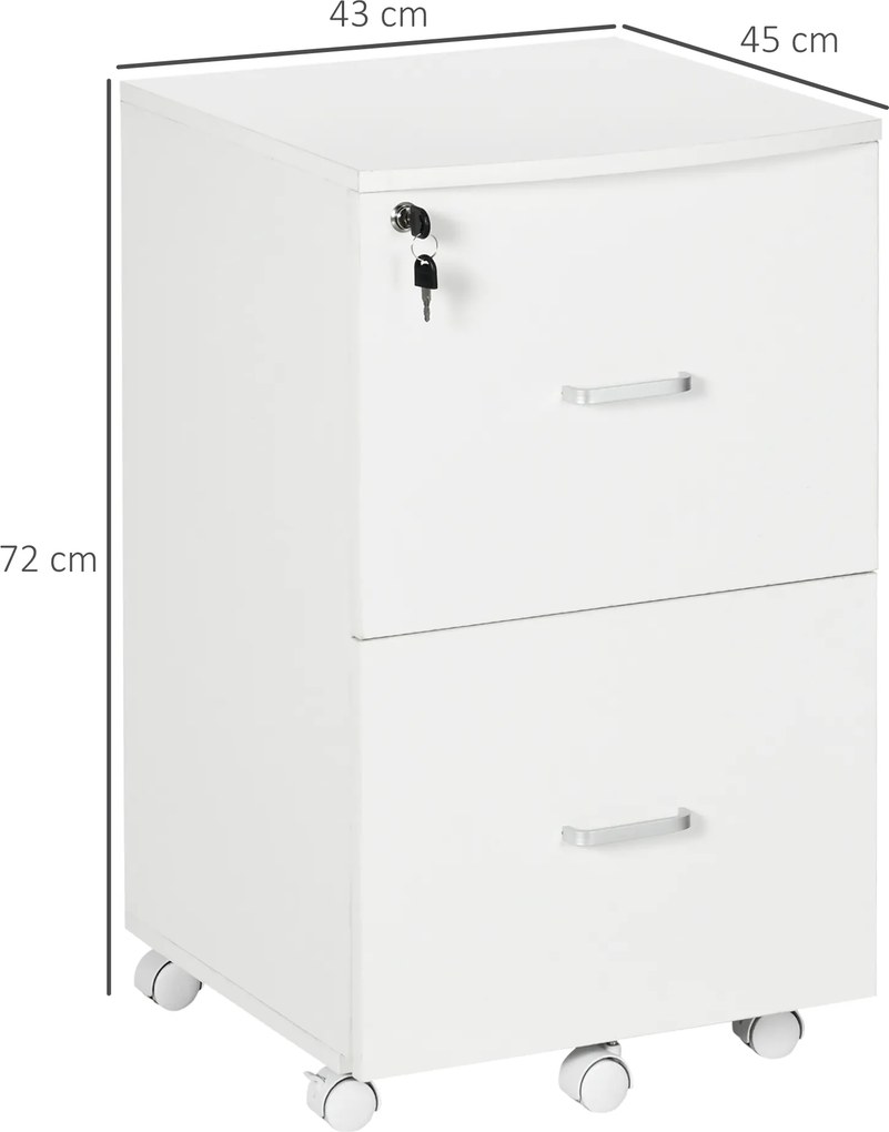 Bloco gavetas de Escritório Móvel Auxiliar para Arquivos com 2 Gavetas Fechadura 2 Chaves 43x45x72cm Branco