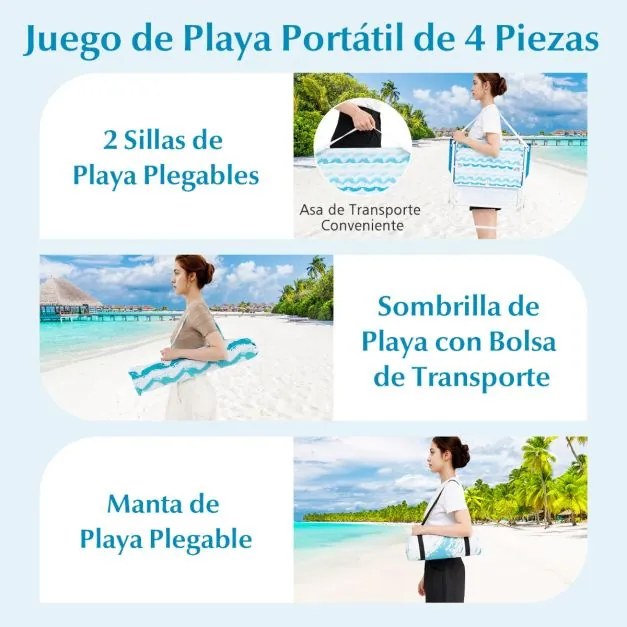 Conjunto de guarda-sol de praia com 2 cadeiras dobráveis e manta de piquenique para exterior com mecanismo de inclinação Azul