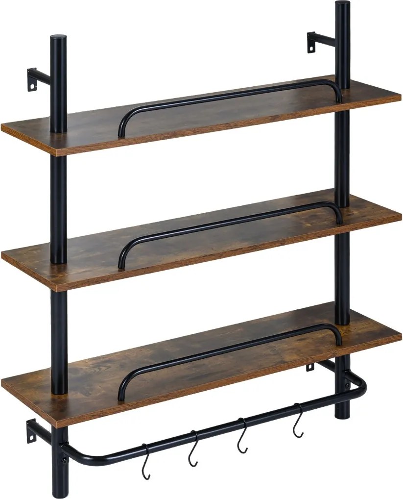 Prateleira suspensa de parede em tubos industriais 80,5 x 24 x 97 cm, com 3 níveis e 4 ganchos em forma de S, em Castanho rústico